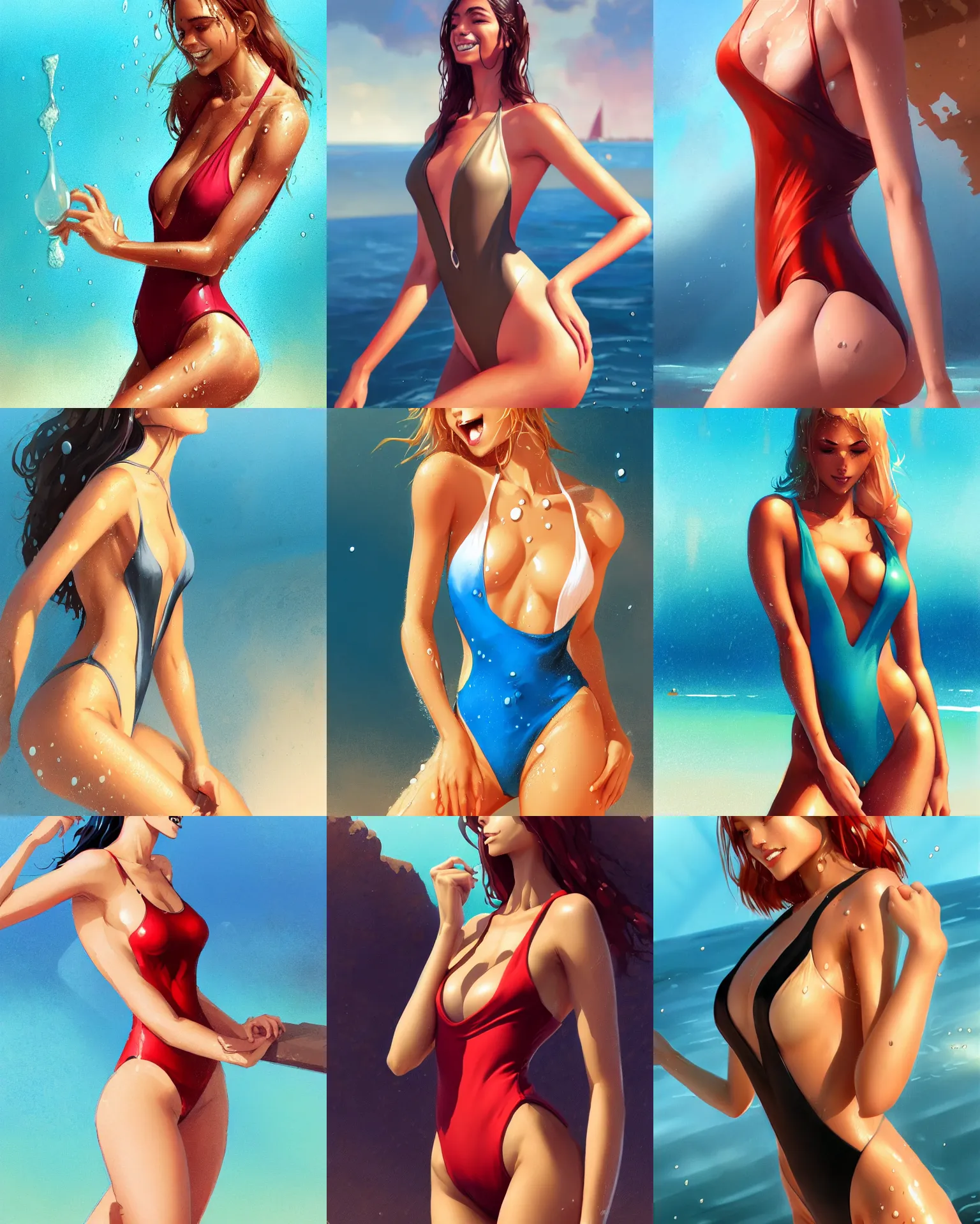 Prompt: attractive girl in the closed one-piece swimsuit monokini, hourglass slim figure, medium shot close up, wet swimsuit, seductive smile, looking at the viewer, details, sharp focus, illustration, by Jordan Grimmer and greg rutkowski, Trending artstation, pixiv, digital Art