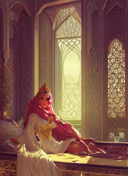 Prompt: an arabian princess relaxing in her palace, raining outside, shiny, fantasy, intricate, elegant, hyper detailed, ultra definition, photoreal, artstation, unreal engine rendered, concept art, smooth, sharp focus, illustration, art by artgerm and greg rutkowski and alphonse mucha and garis edelweiss