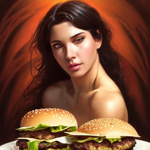 Prompt: portrait of Stallone eating hamburgers, extra onions and ketchup, luscious patty with sesame seeds, feminine ethereal, handsome, D&D, fantasy, intricate, elegant, highly detailed, digital painting, artstation, concept art, matte, sharp focus, illustration, art by Artgerm and Greg Rutkowski and Alphonse Mucha