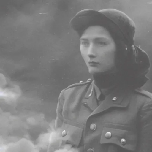 Prompt: vintage analog photograph of an attractive female soldier, greyscale, with gigantic smoke clouds visible in the sky, heavy film grain, rainfall, red color bleed, depth of field, bokeh, rich azure tones