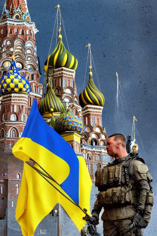 Image similar to special forces soldier raising ukrainian blue and yellow flag, kremlin st. basil cathedral in the background, masculine figure, d & d, fantasy, bright atmosphere, volumetric lights, intricate, elegant, extremely detailed, digital painting, artstation, concept art, matte, smooth, sharp focus, hyper realistic, illustration, art by artgerm and greg rutkowski and alphonse mucha