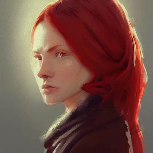 Image similar to Portrait of a woman by Greg Rutkowski, she is about 20 years old, redhead, long straight hair, beautiful oval face, wearing red and black utilitarian jumpsuit, older sister vibes, highly detailed portrait, digital painting, artstation, concept art, smooth, sharp foccus ilustration, Artstation HQ.