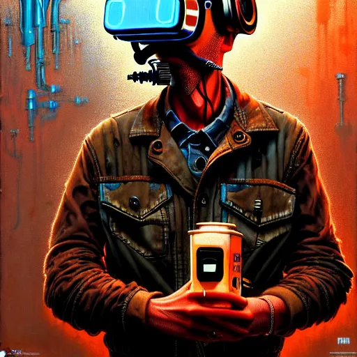 Prompt: junky men stand fluid oil and smoking cigarette, cybertronic gadgets and vr helmet, flesh + technology, durty colours, rotten textures, rusty shapes, biotechnology, bao phan, norman rockwell, tim hildebrandt, wayne barlow, bruce pennington, larry elmore, oil on canvas, deep depth field, masterpiece, cinematic composition, hyper - detailed, hd, hdr