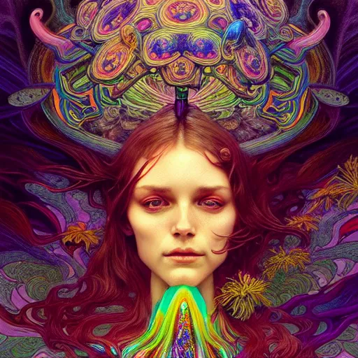 Image similar to An extremely psychedelic experience, reality bending, colorful, surreal, magic mushrooms, psilocybin, LSD, face, detailed, intricate, elegant, highly detailed, digital painting, artstation, concept art, smooth, sharp focus, illustration, art by Krenz Cushart and Artem Demura and alphonse mucha