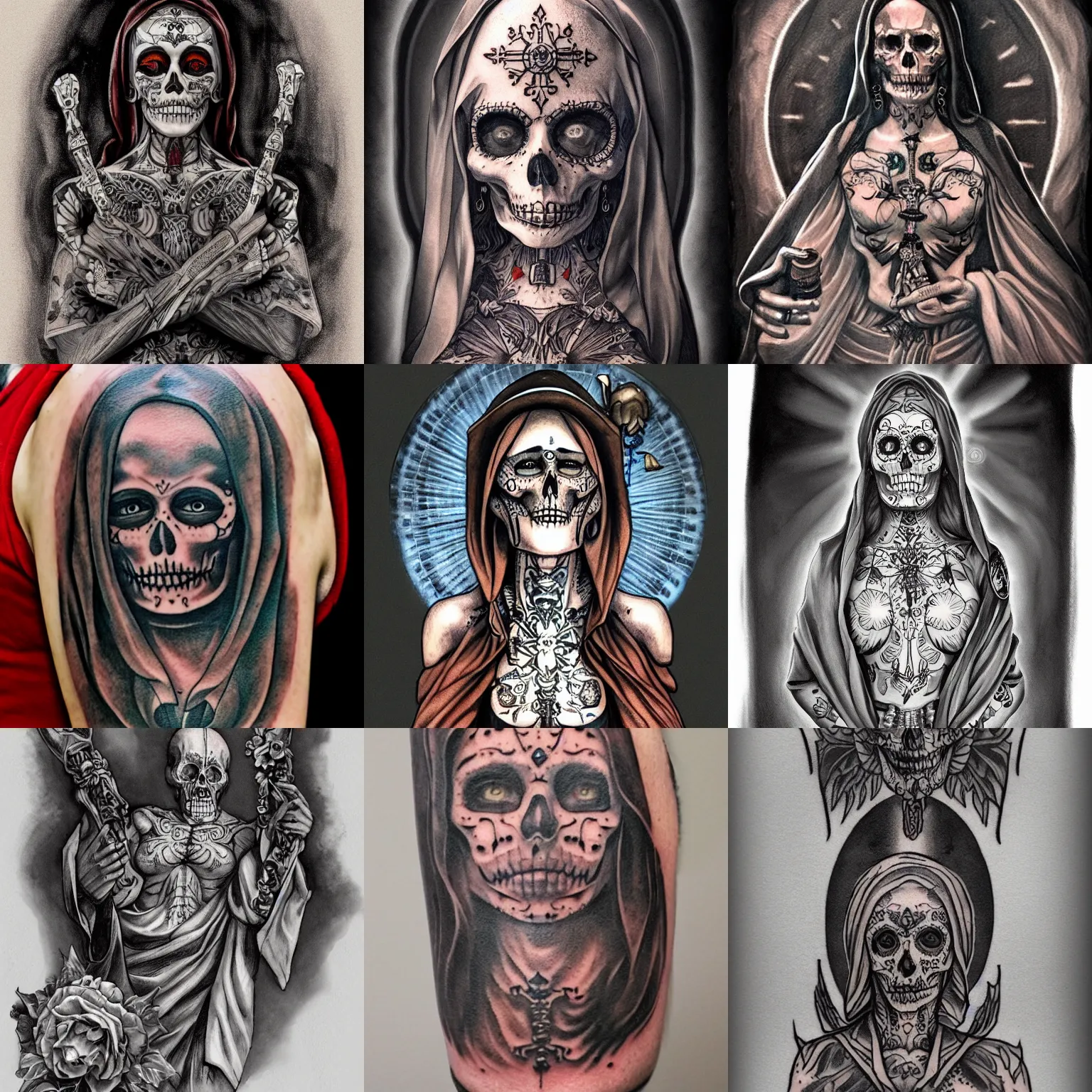 Prompt: shoulder tattoo of santa muerte by anton pieck, intricate, extremely detailed, digital painting, artstation, concept art, smooth, sharp focus, illustration, intimidating lighting, incredible art,