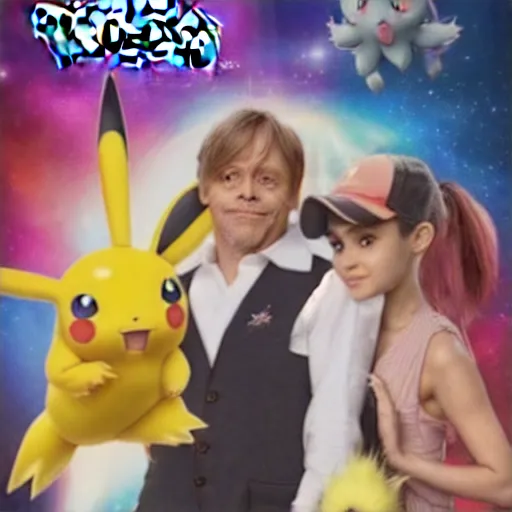 Image similar to a live action Pokemon movie poster featuring Ariana Grande and Mark Hamill, realistic pokemon