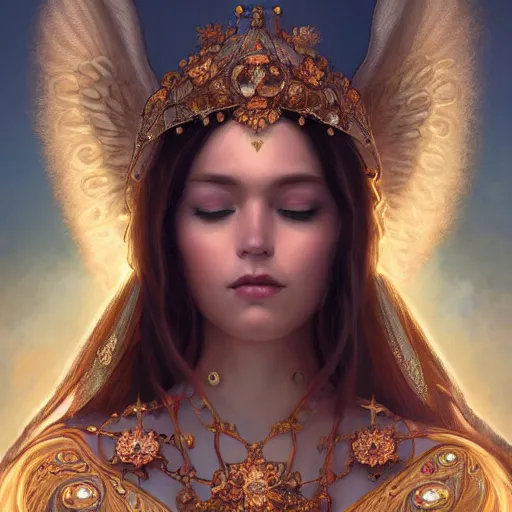 Image similar to A beautiful digital painting of a female Seraphim full of jewels, princess, the moon behind her, intricate, cinematic lighting, highly detailed, digital painting, Artstation, concept art, smooth, sharp focus, illustration, art by Tom Bagshaw, Artgerm and Greg Rutkowski