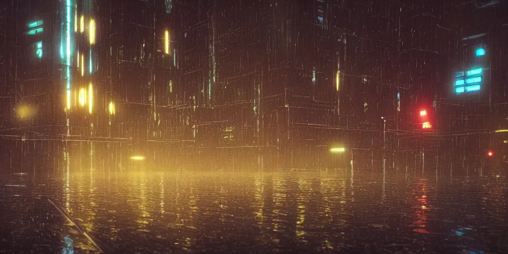 Prompt: a beautiful photo of a scifi scity at night seen behind a large windowpane with rain drops on it, cinematic, high definition, 8k, octane render, trending on artstation