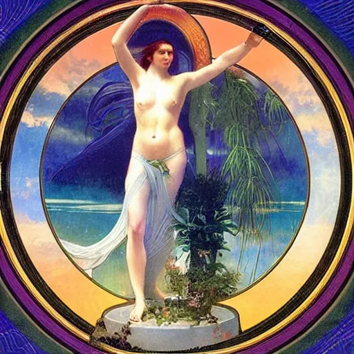 Prompt: The chalice of the angels, refracted sparkles, thunderstorm, greek pool, beach and Tropical vegetation on the background major arcana sky, by paul delaroche, alphonse mucha and arnold böcklin, hyperrealistic symmetrical 8k, award-winning, very very very detailed