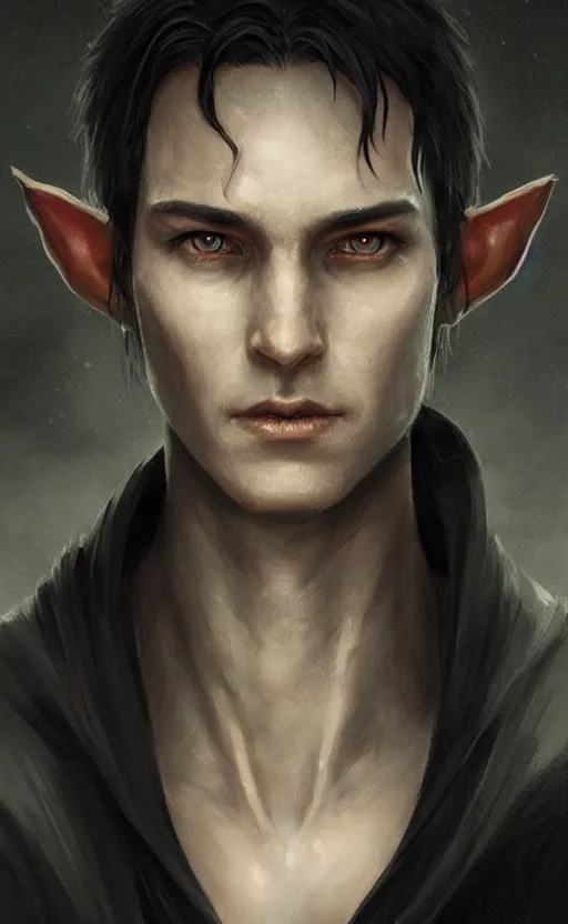 Image similar to Portrait of an elf in a black cloak, black hair, glowing eyes, male, detailed face, fantasy, highly detailed, cinematic lighting, digital art painting by greg rutkowski