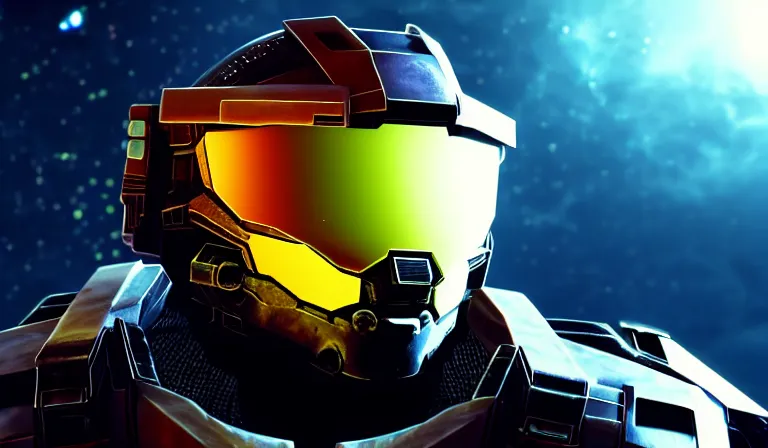 Image similar to cyberpunk halo helmet floating in space with reflections, epic, dramatic, photorealistic, award winning, 8k,