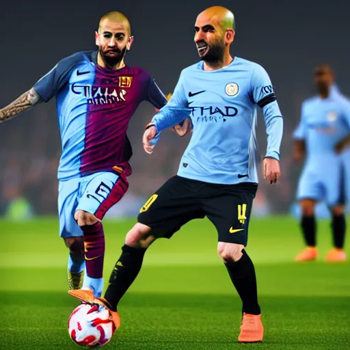 Prompt: messi playing in manchester city kit with pep guardiola, high - res photorealistic