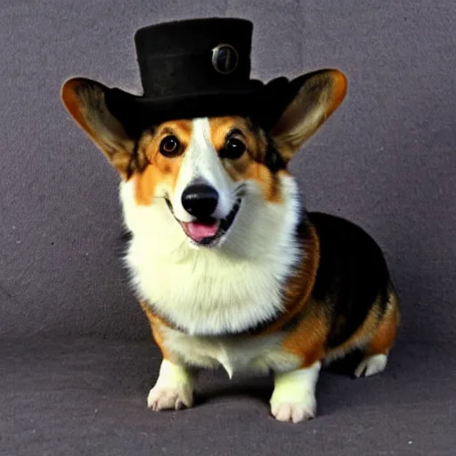 Prompt: a welsh corgi wearing a steampunk hat