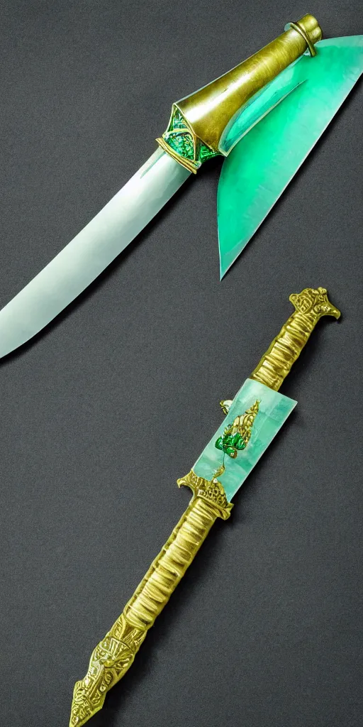 Image similar to photograph of a wide green and teal crystal sword blade attached to a big gold sword hilt