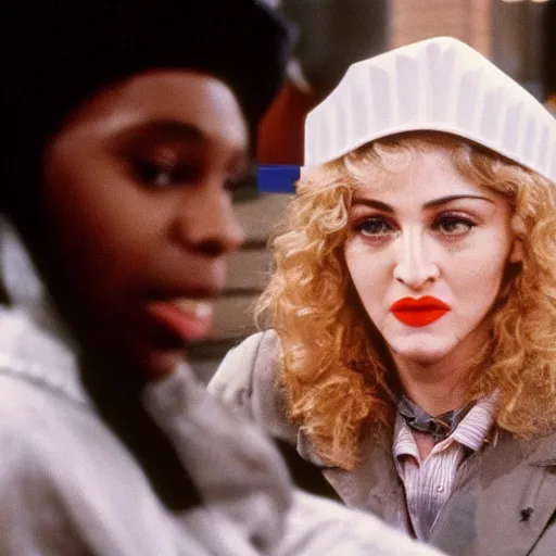 Image similar to picture of a 2 4 - year old madonna's famous 1 9 8 4 cameo as a mcdonald's worker in trading places, ( eos 5 ds r, iso 1 0 0, f / 8, 1 / 1 2 5, 8 4 mm, postprocessed, crisp face, facial features )