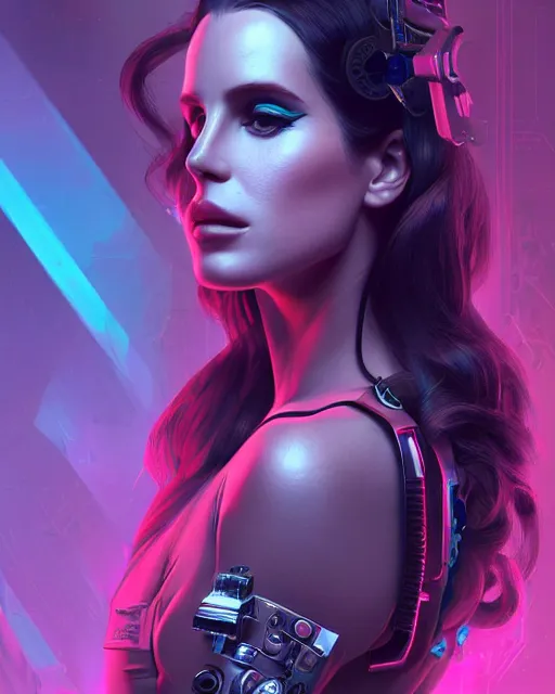 Image similar to portrait of lana del rey as a cyberpunk cyborg. roses, sci - fi, missing panels, intricate abstract, upper body, intricate artwork, by tooth wu, wlop, beeple, dan mumford. concept art, 8 k octane render, deviantart, greg rutkowski, cinematic, key art, hyperrealism, iridescent accents