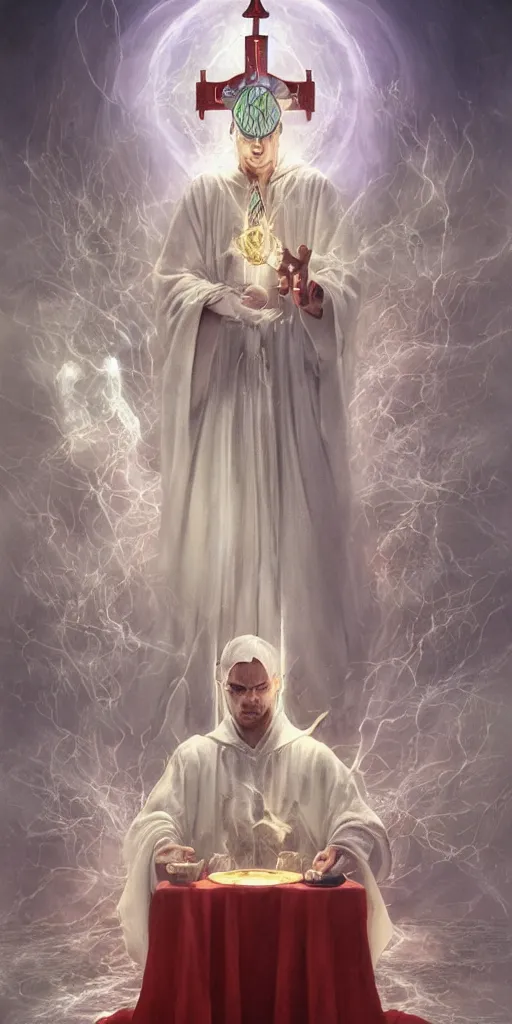 Image similar to tarot card of Magician white robe purity, red cloak, knowledge, table in front with a cup, pentacle, sword and wand – water, earth, air and fire, unlimited potential, flowers, fruition of ideas by framk frazzeta, brom, luis royo, Zdzisław Beksiński and thu berchs James Gurney unreal engine, Trending on artstation.