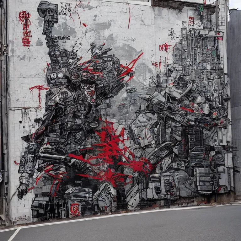 Image similar to Street-art cyberpunk Akira in style of Banksy, photorealism