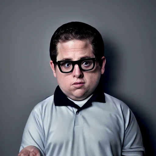 Image similar to 4 k editorial photograph of down syndrome midget jonah hill, sharp focus, soft lighting, edge lighting, studio portrait, 1 3 mm film color grading