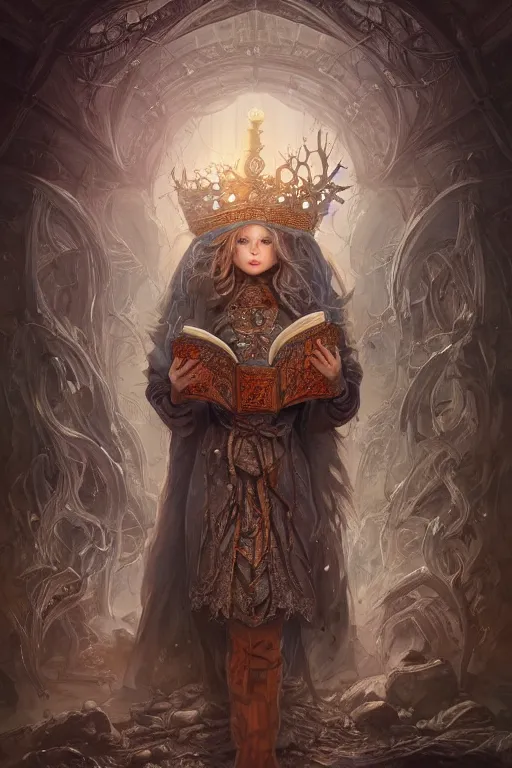 Prompt: painting the world as an artificer wearing a crown and holding a book by artgerm and wlop and scott fischer and seb mckinnon, digital art, highly detailed, wide shot, intricate, fantasy, mystical, sharp focus, Trending on Artstation HQ, deviantart, unreal engine 5, 4K UHD image