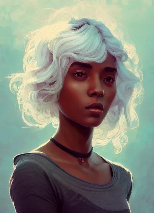 Image similar to handsome young black women with shoulder length white hair, half body shot, path traced, highly detailed, high quality, digital painting, alena aenami, lilia alvarado, shinji aramaki, karol bak, alphonse mucha, tom bagshaw