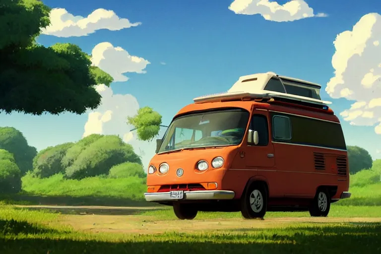 Image similar to a wholesome animation key shot of one!! focused 1 9 9 4 fiat hymer! motorhome! in the romanian! countryside, medium shot, studio ghibli, ( pixar ) and disney animation, sharp, very detailed, high resolution, rendered in unreal engine 5, anime key art by greg rutkowski, bloom, dramatic lighting