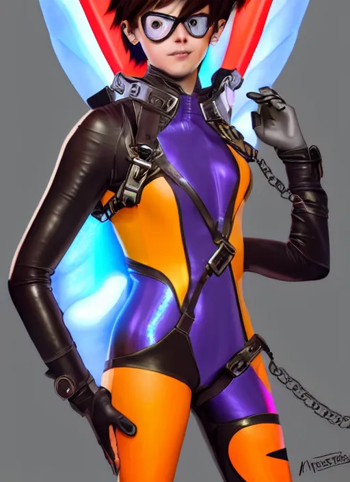 Image similar to portrait bust digital artwork of tracer overwatch, wearing iridescent rainbow latex and leather straps catsuit outfit, 4 k, expressive happy whistling face, makeup, in style of mark arian, angel wings, wearing detailed leather collar, chains, black leather harness, detailed face and eyes,