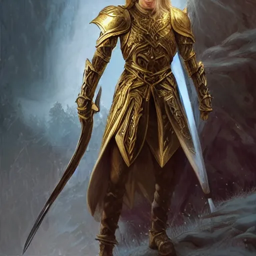 Prompt: standing elf with armor with golden and silver colors of rivendel and a curve long sword in full bod and detailed face, epic masterpiece of cinematographic hyperrealism, realistic shaded lighting poster by craig mallismo, artgerm, jeremy lipkin and michael garmash, unreal engine, radiant light, detailed and intricate environment, digital art, art station trends