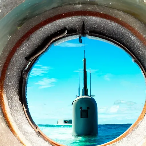 Prompt: view of atlantis through the port hole of a submarine.