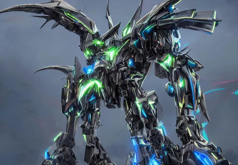Prompt: cinematic full body shot, 35 foot tall stunning quadrupedal mecha dragon, sharp edged black armor, shining gold accents around the edges, sleek OLED blue visor for eyes, sleek dragon legs, two massive wings that take up the frame, walking in busy neon city streets, epic shot, full body shot, highly detailed art, sci fi, furry, 3D realistic, warframe fanart, destiny fanart, furry art, dragon art, feral art, macro art, furaffinity, DeviantArt, sofurry