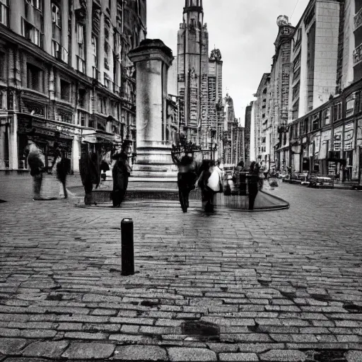 Prompt: A pinhole-styled photograph of surrealist street photography, shallow depth of field, wide-angle lens