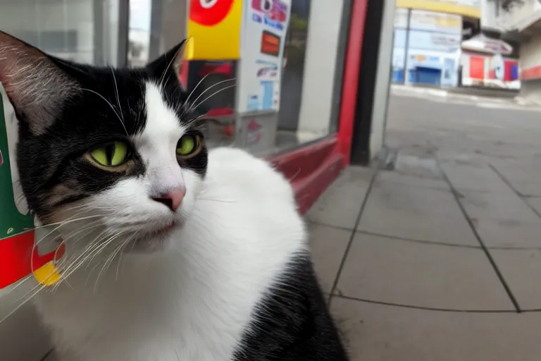 Image similar to cat smoking a cigarette in 7 - eleven wide angle lens