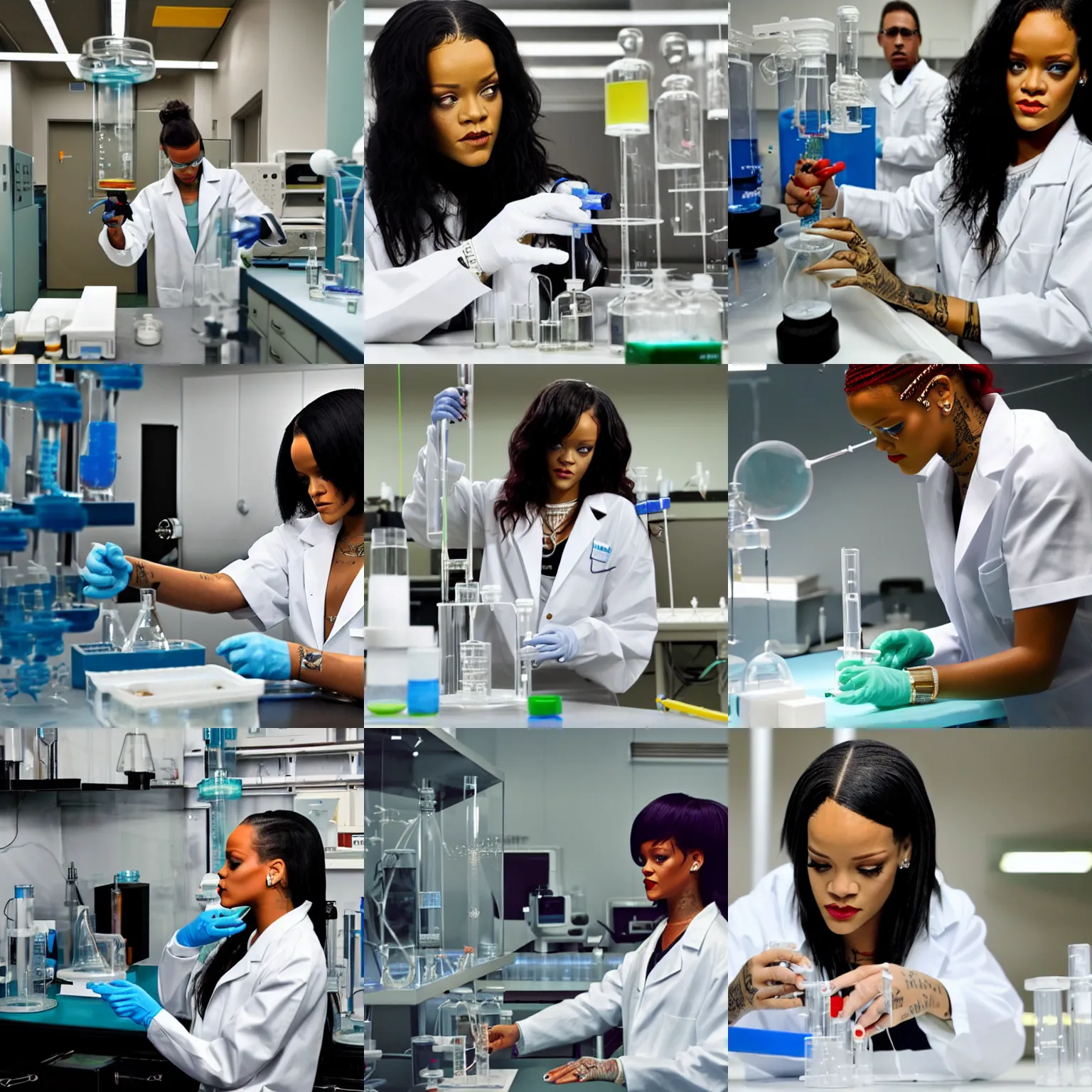 Prompt: rihanna in a science lab conducting an experiment