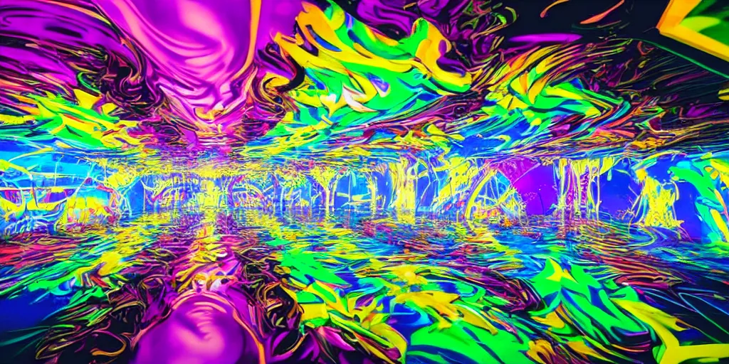 Image similar to backflip into a pool caustics fluid simulation lighting impressive colorful masterpiece graffiti hyper perspective textured detailed intricate sharp focus 8 k