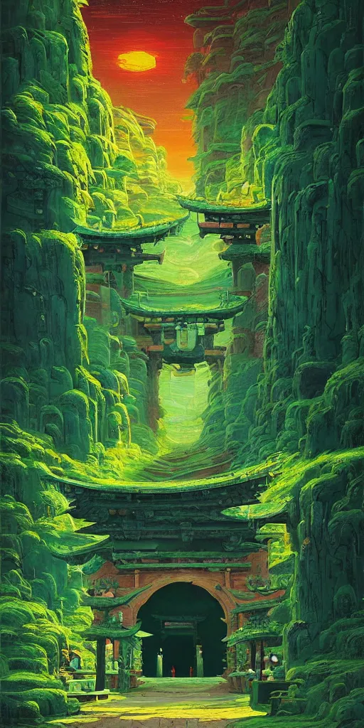 Image similar to the green torii gate!!! a highly detailed cinematic oil painting by roger dean and alena aenami, dynamic lighting