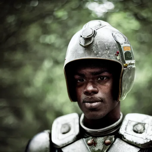 Image similar to portrait photograph of black spacemarine in battle worn armor. super resolution. 85 mm f1.8 lens.bokeh.graflex. Alessio albi