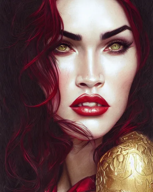 Image similar to megan fox vampire, perfect face, gold waistcoat, red shirt, long grey hair, red necktie, cinematic, stunning, highly detailed, digital painting, artstation, smooth, hard focus, illustration, art by artgerm and greg rutkowski and alphonse mucha