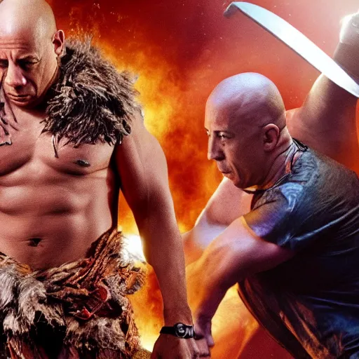 Image similar to candid photo of Vin Diesel as a witchdoctor on Mars fighting valiantly against Elon Musk by Annie Leibowitz, photorealisitc, extremely detailed