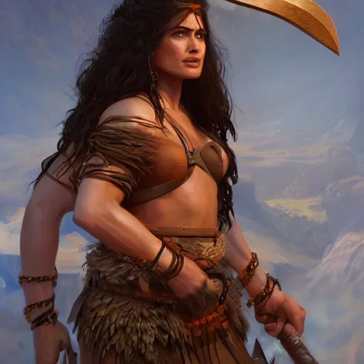 Image similar to salma hayek as a barbarian warrior, au naturel, hyper detailed, digital art, trending in artstation, cinematic lighting, studio quality, smooth render, unreal engine 5 rendered, octane rendered, art style by klimt and nixeu and ian sprigger and wlop and krenz cushart.