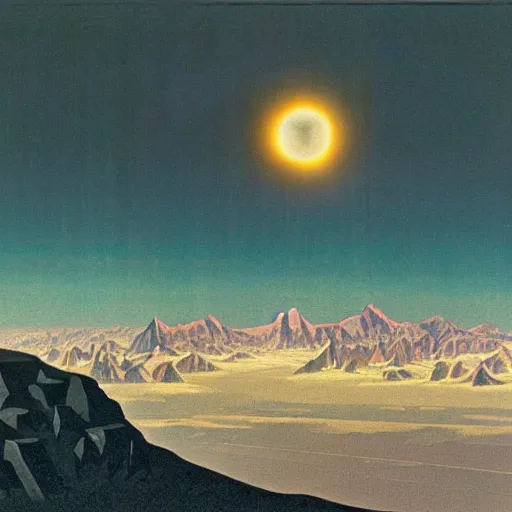 Image similar to dark solar eclipse, above rocky mountains, highly detailed, studio 4 k quality, by chesley bonestell