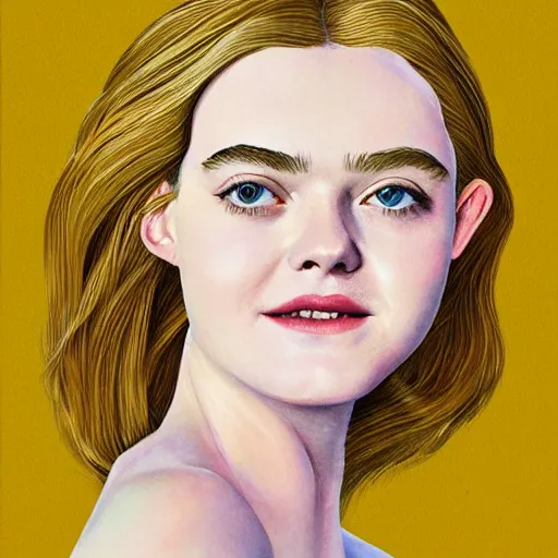 Prompt: professional painting of Elle Fanning in the style of Karl Gerstner, head and shoulders portrait, symmetrical facial features, smooth, sharp focus, illustration, intricate, stormy weather, extremely detailed masterpiece,