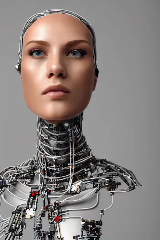 Image similar to robot with human face, female head, full body angle, woman human face, human face realistic, beautiful blonde hair, human head, human head with blonde hair, blonde hair human head, blonde hair, human realistic face, human head skin, cyborg frame concept, cyborg by ales-kotnik, sci-fi android female, the body is made of wires, robotic body, cyborg body, cyborg bust body, robot body cyborg, full body