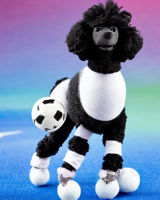 Prompt: a black poodle dog as a muppet playing soccer. highly detailed felt. hyper real photo. 4 k.