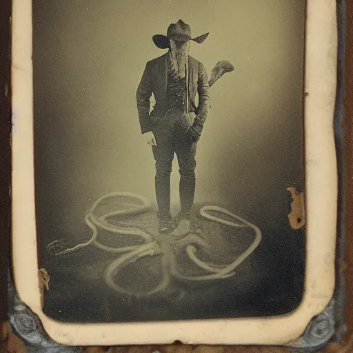 Prompt: underwater tintype photo of a cowboy riding a giant squid