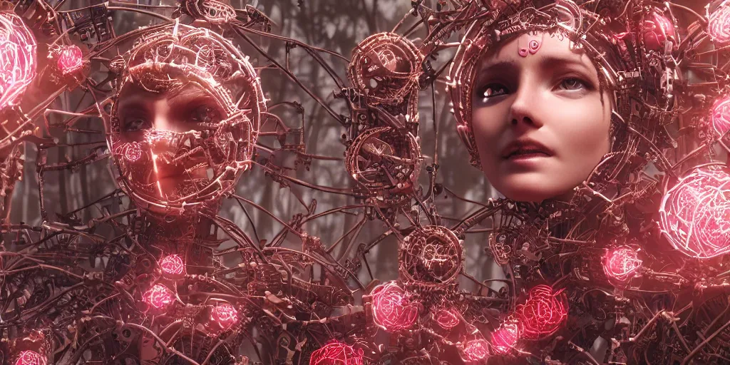 Image similar to a female saints rose robot head made of gears and wires is flying in the fantasy forest by merriam, daniel, intricate mechanical details, futuristic, 2 k aesthetic, dramatic lighting, concept art, 4 k, 3 d octane render, pink and red colors, provenance, detailed, trending on artstation