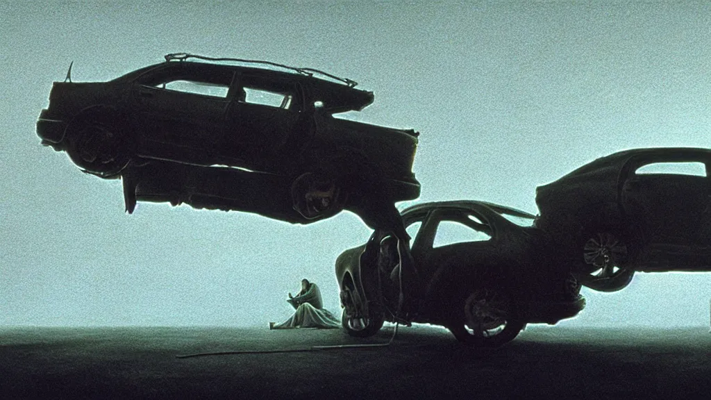 Image similar to the hip creature under the car, film still from the movie directed by denis villeneuve and david cronenberg with art direction by salvador dali and zdzisław beksinski, wide lens