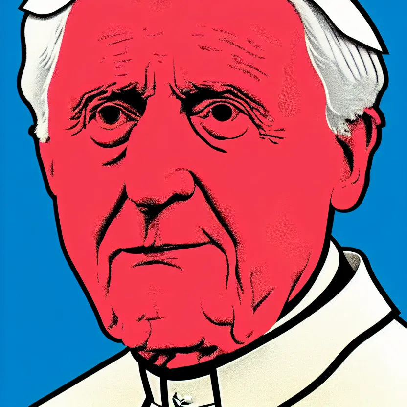 Image similar to portrait of pope benedict xvi screen print. pop art, high detail 8 k