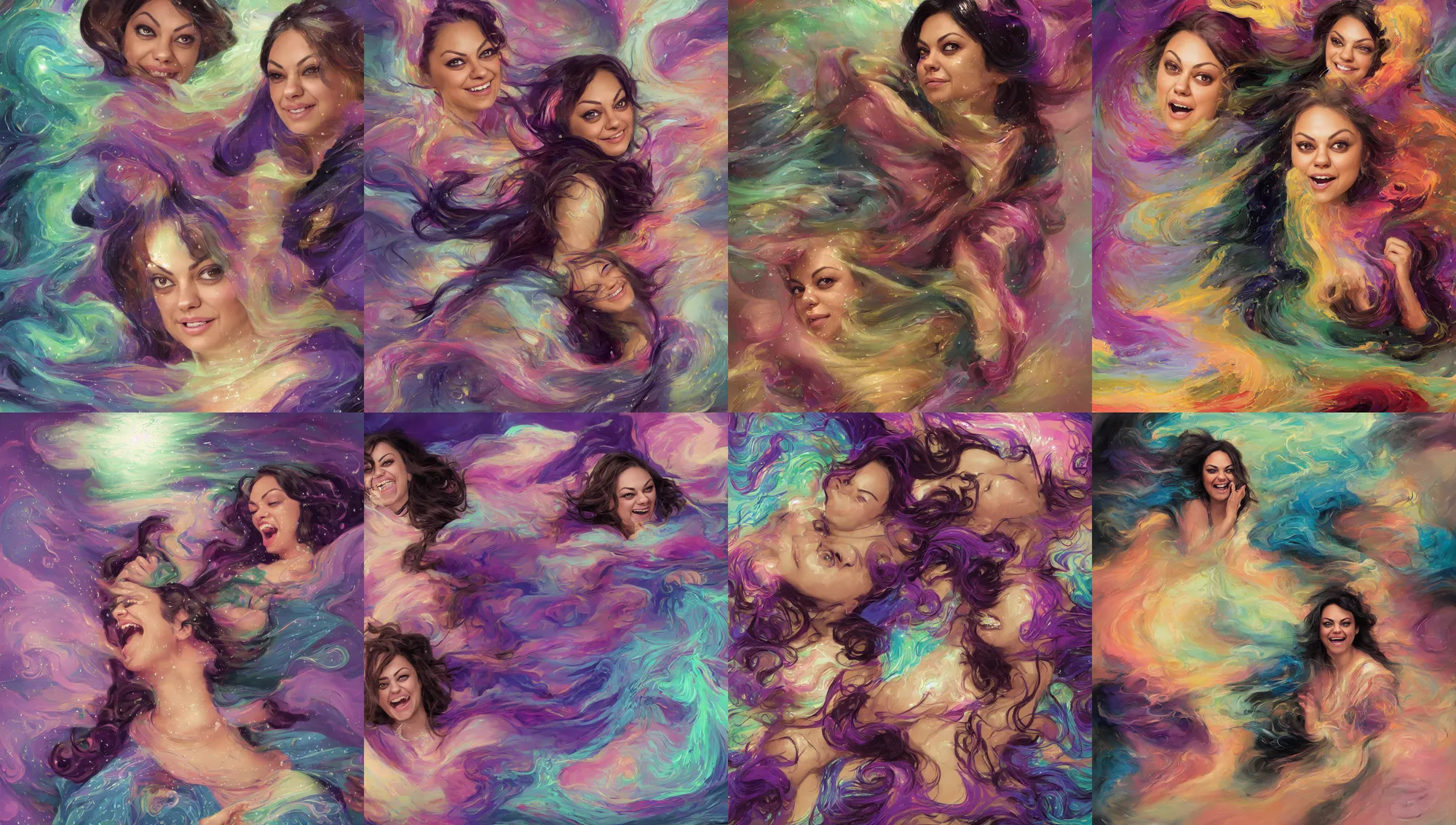 Image similar to portrait mila kunis laughing hysterically, rainy storm, intricate robes, gloomhaven, luminescent, colorful swirly magic ripples, pastel colors, by greg manchess, huang guangjian, gil elvgren, sachin teng, greg rutkowski, jesper ejsing, ilya kuvshinov, focal length : 2 0 0. 0 mm