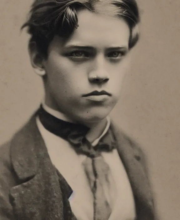 Image similar to victorian photograph of cole sprouse, 1 8 9 0 s photography, 1 9 0 0, realistic face, symmetrical face, detailed, grainy, edwardian, old photo