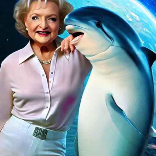 Image similar to betty white straddling a dolphin in space, 2 0 2 1 weta digital